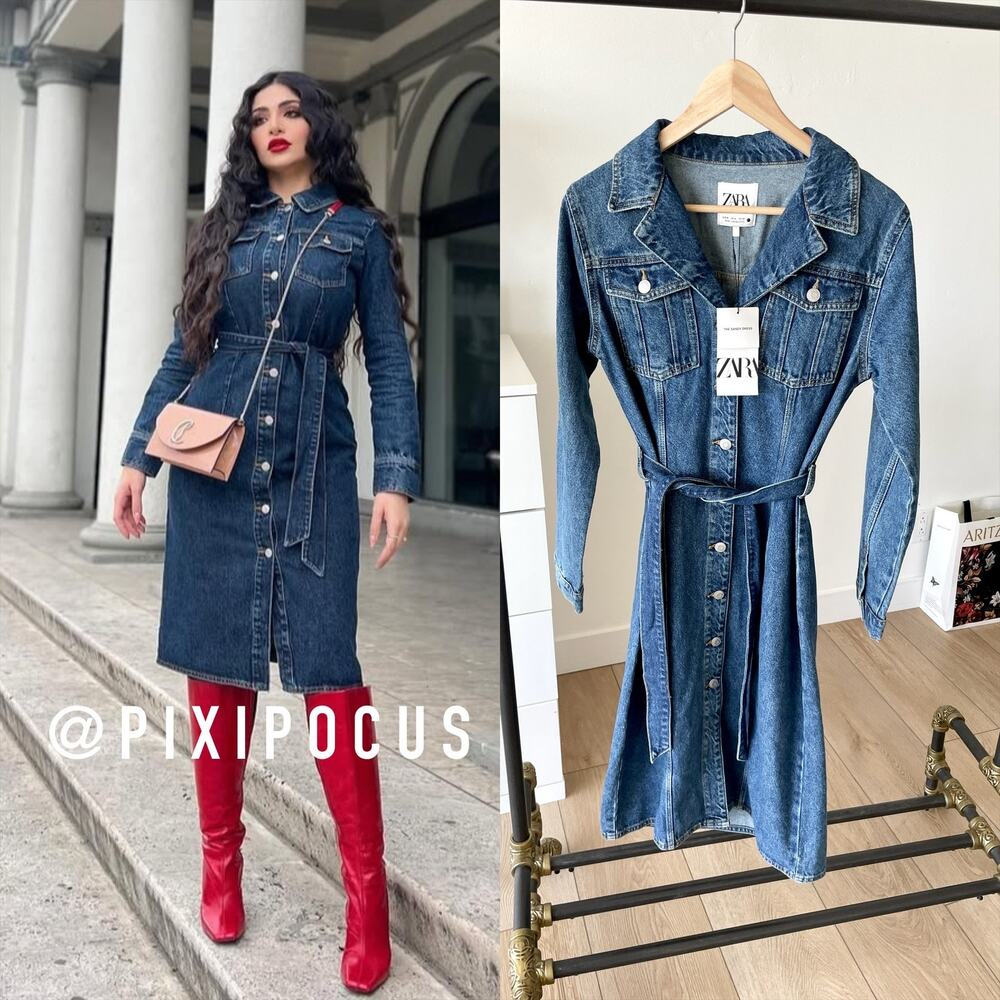 ZARA BELTED DENIM LONG SLEEVE MIDI SHIRT DRESS BLUE 2449/250